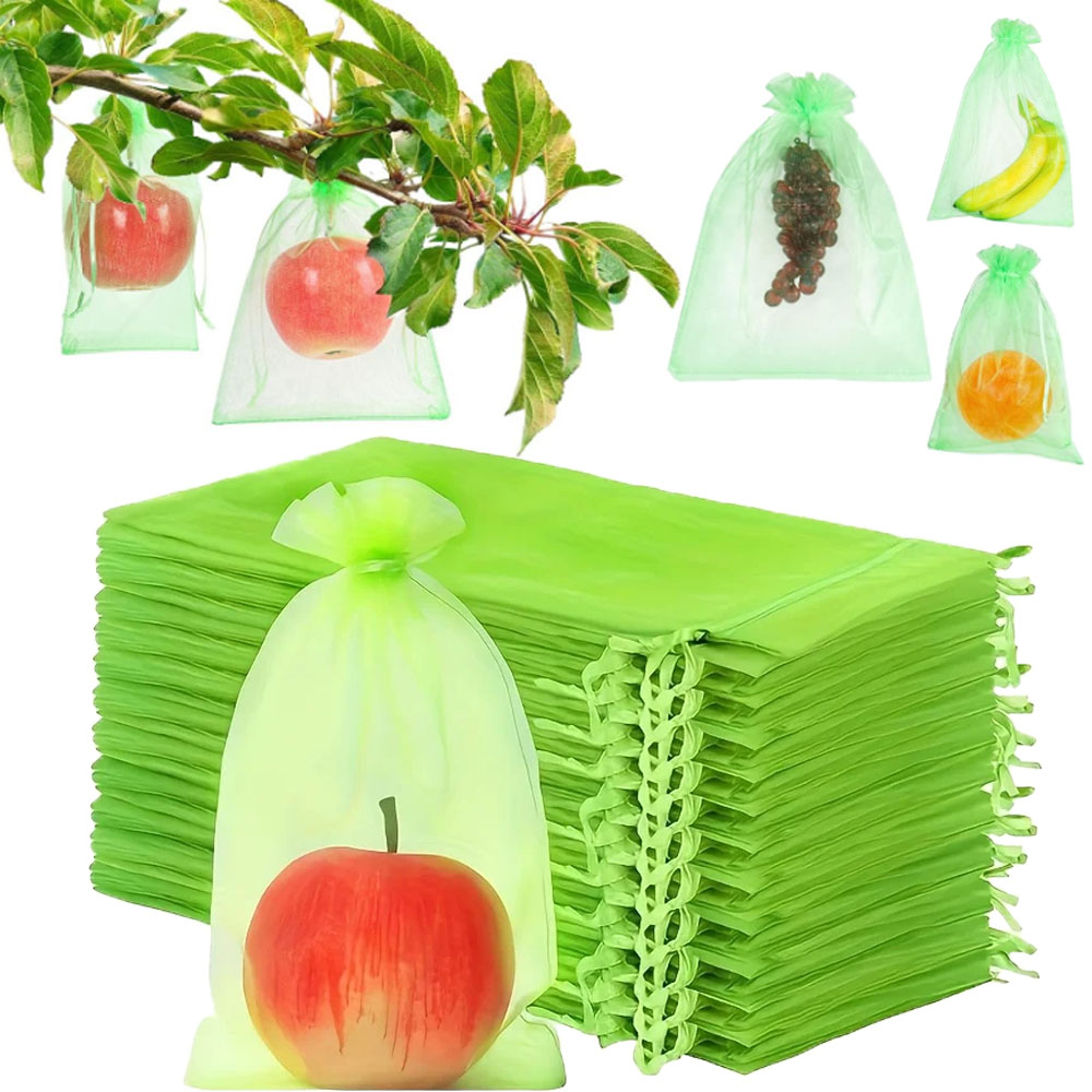 Grow Bag - 100個入り グリーン保護バッグ ジッパー付き、果樹用、植物用透明メッシュバリア、園芸や害虫駆除に最適