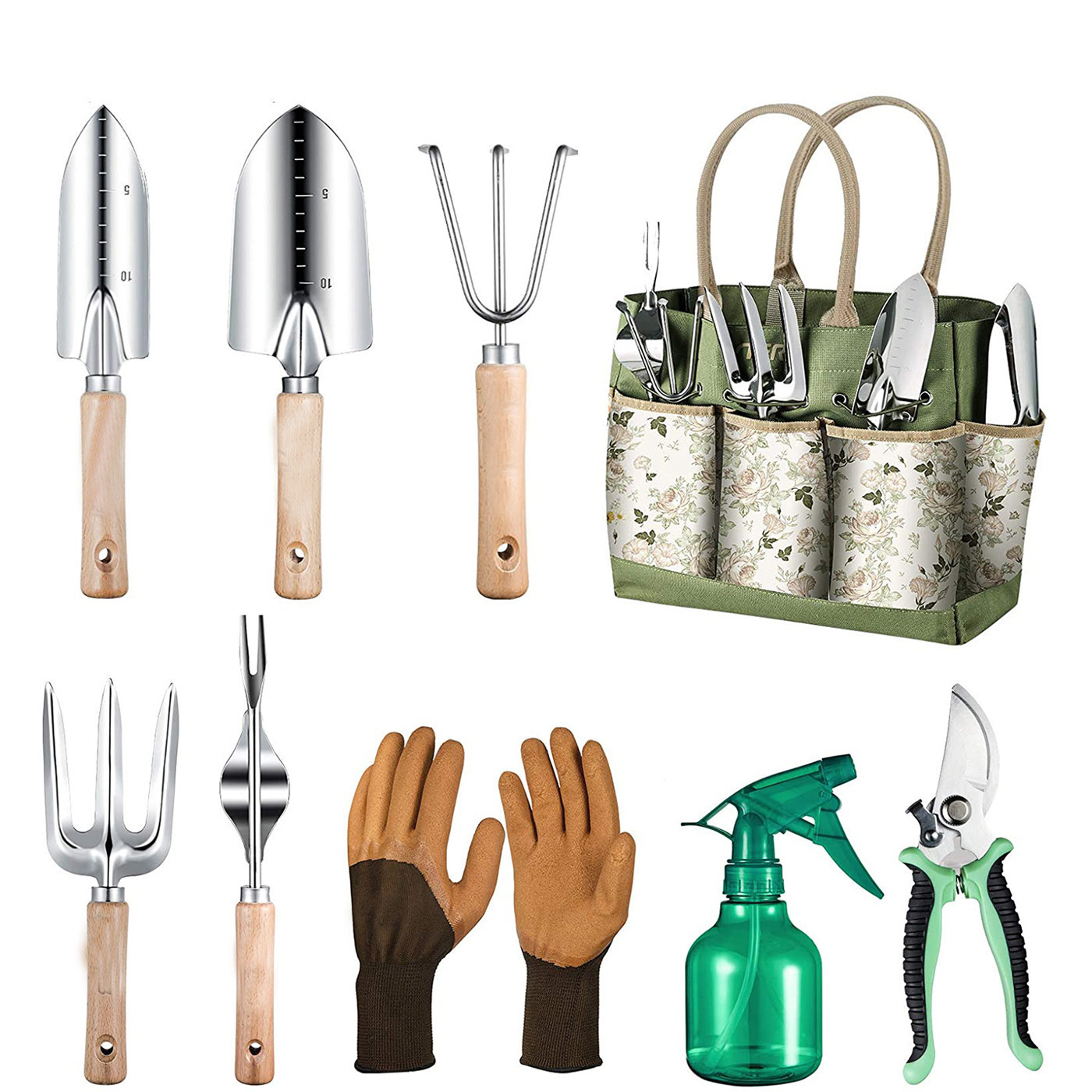 Garden Gloves - 9ピースガーデニングツールセット、頑丈なステンレス鋼製ハンドツール、耐久性のある収納バッグ、女性用滑り止めゴム手袋付き