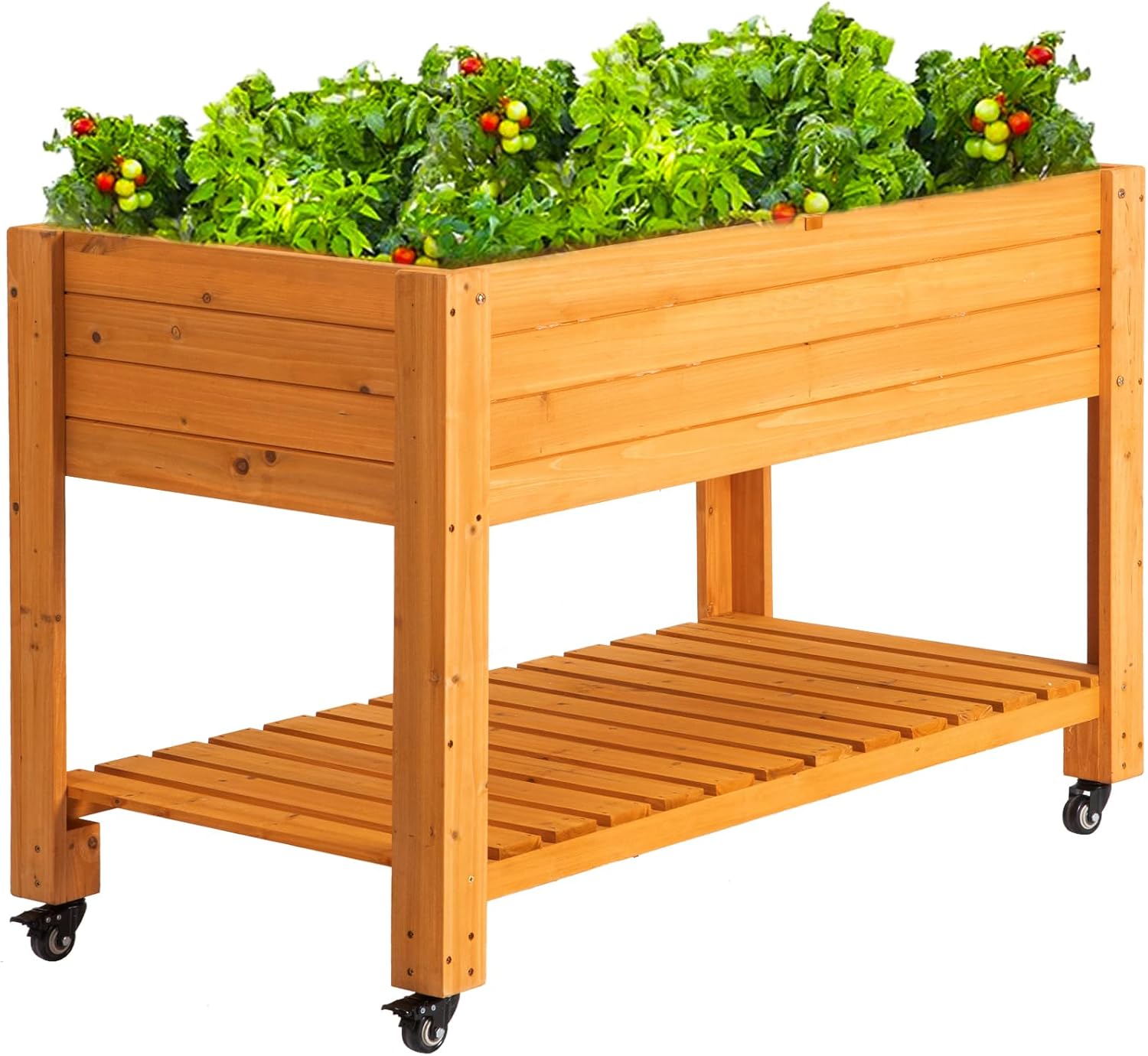 Raised Garden Bed - 移動式木製高床式菜園、天然木、ホイールとライナー付き、パティオデッキの野菜や花の栽培に最適
