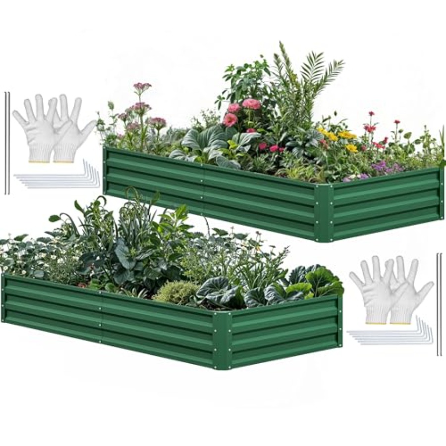 Raised Garden Bed - 屋外用のプランターキット。亜鉛メッキ鋼製で、錆びにくく、緑色。手袋と支柱が付属。