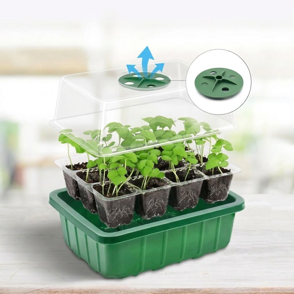 Seed Starter Tray - 湿度調整可能なドーム型透明セルトレイ、植物育成ライト付き育苗トレイキット、効率的な育苗用
