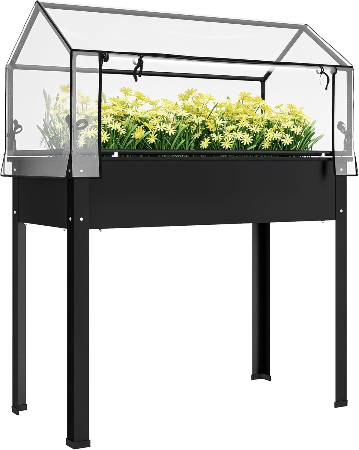 Raised Garden Bed - 屋外用 - 黒色の高床式菜園、跳ね上げ式温室カバー、脚、排水穴付き、野菜、花、ハーブ用