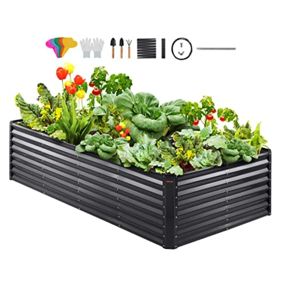 Raised Garden Bed - 屋外用金属製プランターベッドキット。サイズは8フィート×4フィート×2フィート。野菜や花を植えるのに適しており、亜鉛メッキ鋼製、チャコールグレー。底が開いているデザイン。