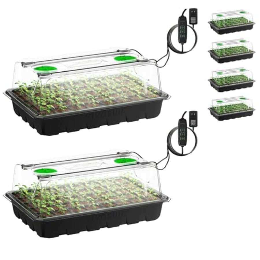 Seed Starter Tray - 屋内園芸用の6パックシードスタータートレイ、240セルの緑色のプラスチックトレイ、高さ3.6インチのカバー、調節可能な通気孔、排水機能付き