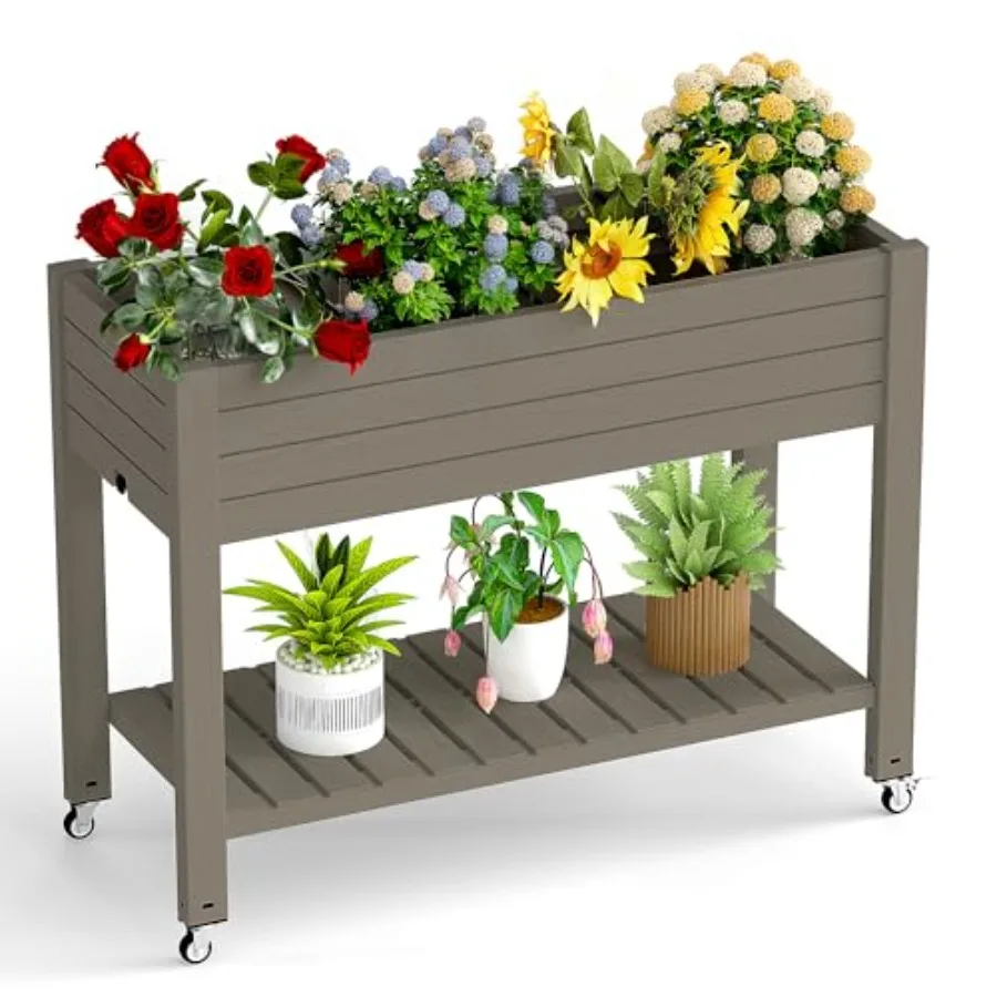 Self Watering Planter - 脚付きの高床式菜園、高さ33.66インチの自動給水樹脂製プランターボックス、ロック可能な車輪、排水プラグとゲージ付き、野菜用