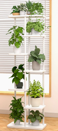 Plant Pot - 多層式の金属と木材を使用したプランタースタンド。室内の隅に設置できる花台兼ディスプレイラックで、複数の鉢植えを飾るのに最適。家庭用、庭用、バルコニーの装飾にも。