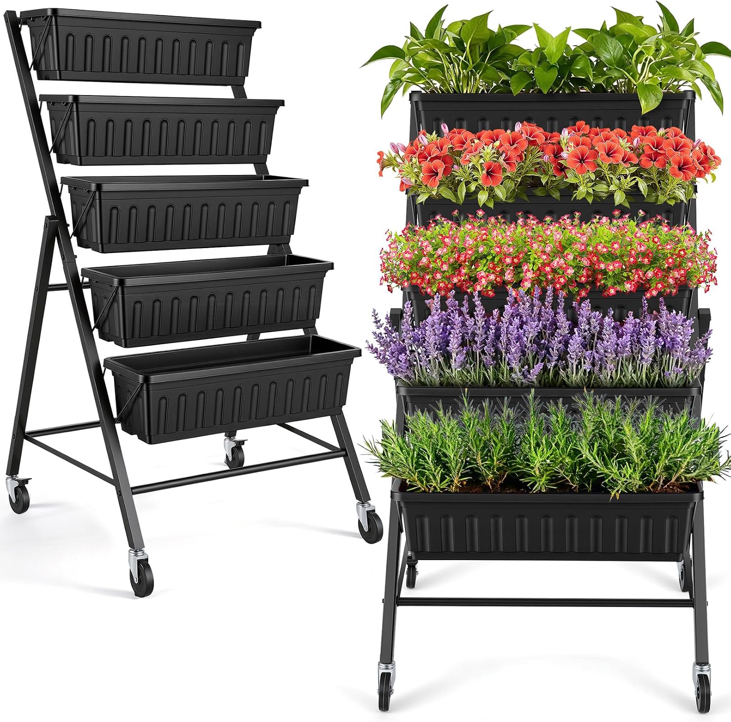 Vertical Planter - 車輪付き垂直型高床式菜園、5段式高床プランターボックスセット、排水システム付き移動式ガーデンラック（ハーブ、野菜、花用）、パティオ・庭・屋内外用コンテナ、2個セット