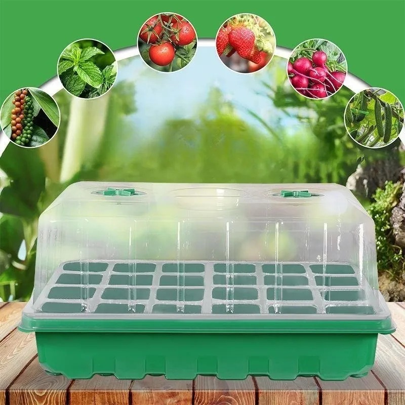 Seed Starter Tray - 1/5ピース苗トレイキット - 24セル温室スターター（湿度ドームとベース付き）、緑色のプラスチック製繁殖トレイ