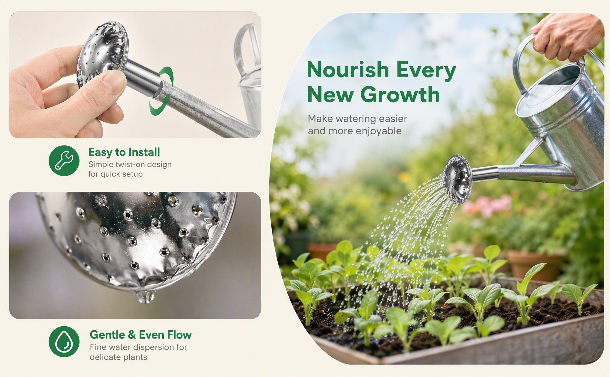 Watering Can - ステンレス製の水やり用スプレーヘッド。耐久性に優れ、取り付けも簡単。花や植物の水やりに最適なガーデン用ノズル。