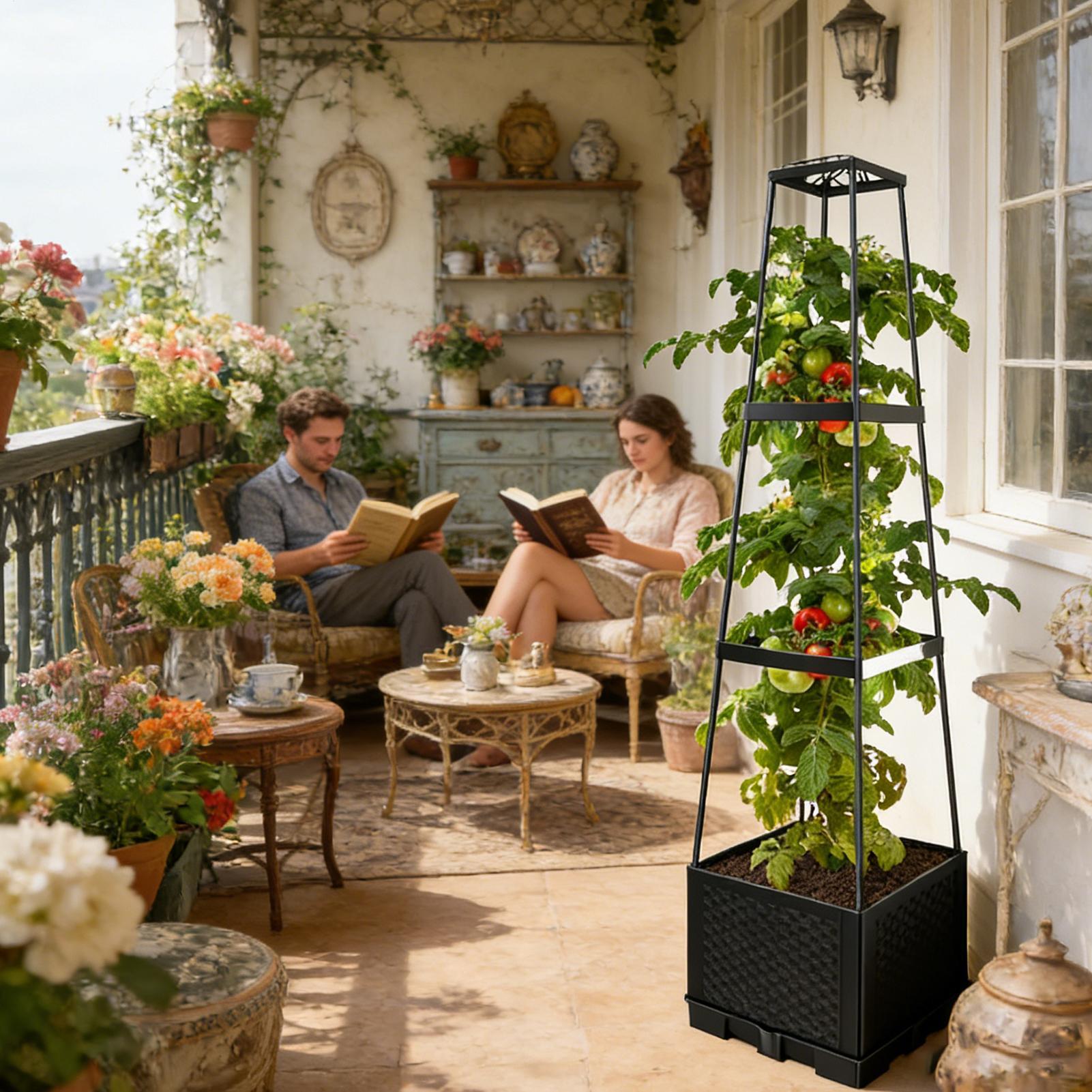 Self Watering Planter - トレリス付き114cm自動給水式頑丈屋外用レイズドプランター、トレリス付き屋内アパートバルコニー用レイズドガーデンベッド