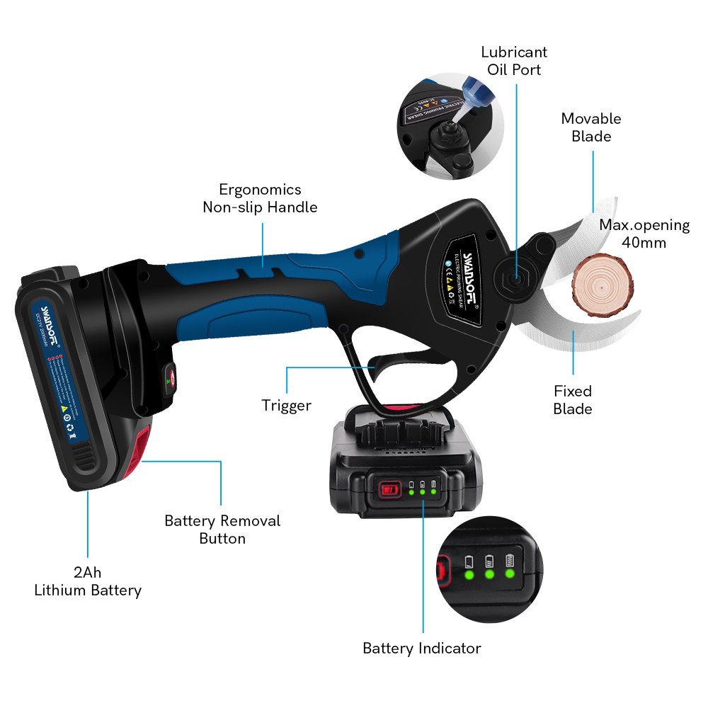 Pruning Shears - 電動剪定ばさみ 40MM ステンレス鋼刃 葡萄園のブドウの木 コードレス電動工具 21V