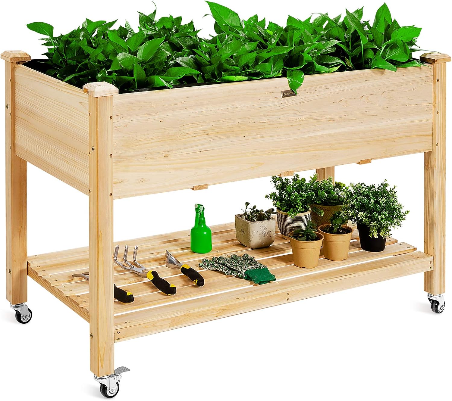 Raised Garden Bed - 木製の車輪付き高床式菜園（裏庭やパティオ用）、ブラウン、ライナーと排水穴付き