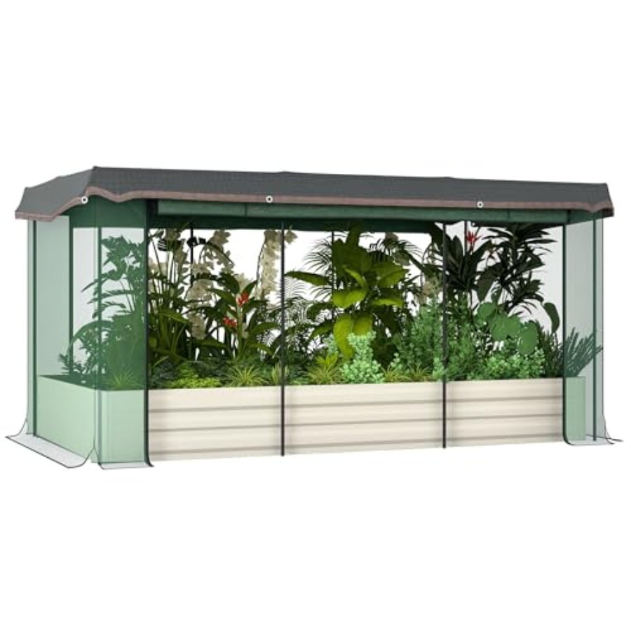 Raised Garden Bed - 7.3 x 3.4 x 1フィートの亜鉛メッキ仕上げの高床式菜園、作物保護ネットと遮光布付き屋根付き金属製プランターボックス（C付き）