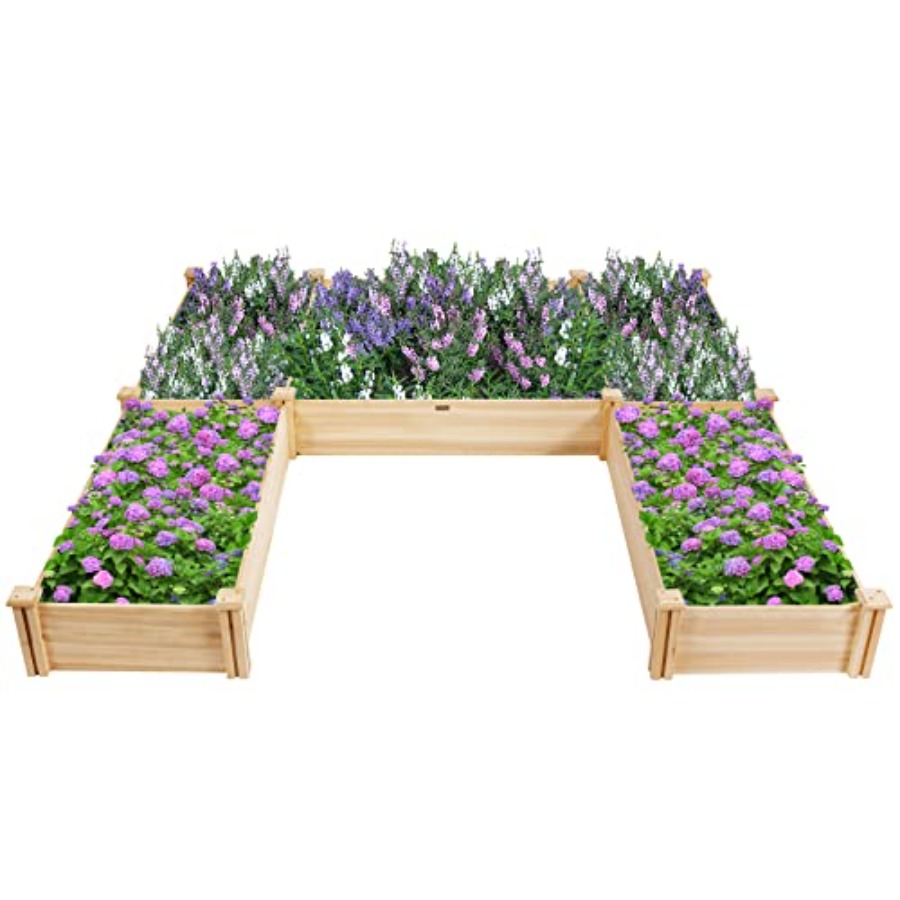 Raised Garden Bed - 自然な木の色合いの屋外用木製プランターベッドキット：分割可能で、花、野菜、芝生、庭などに使用できる高床式プランター。
