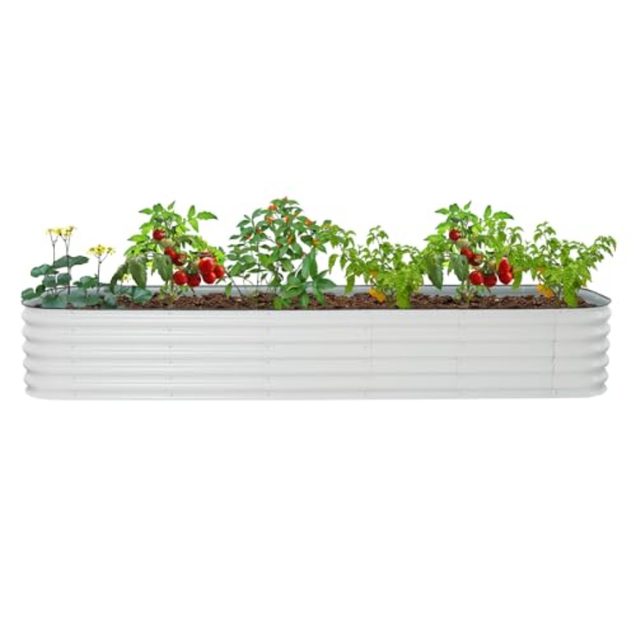 Raised Garden Bed - 野菜、花、ハーブ用の高床式プランターキット。素材はスチール製。色はパールホワイト。高さ17インチ、幅9.35フィート×奥行き2フィート。