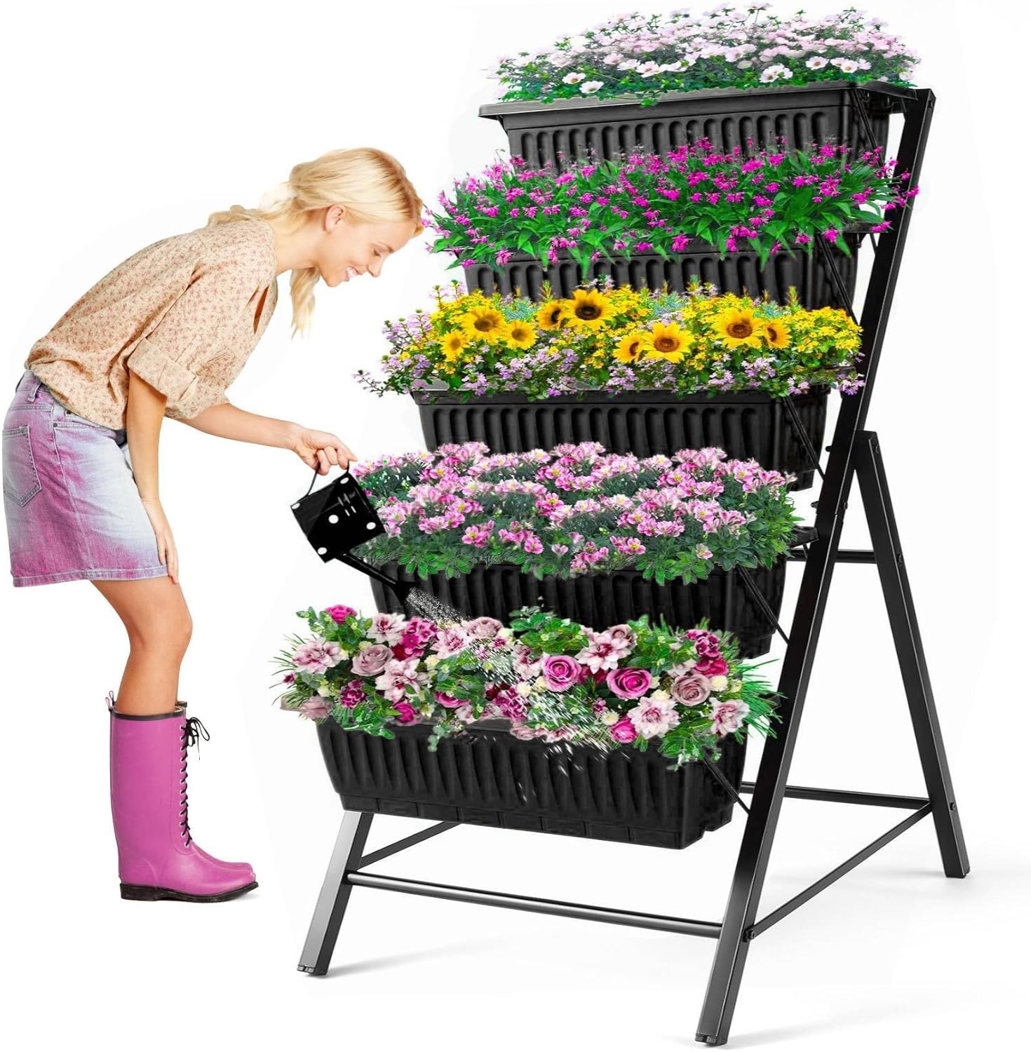 Vertical Planter - 屋外ガーデンパティオヤード垂直ガーデニング5段メタルプランター（ブラック）-3.74フィート（4つのフック付き）