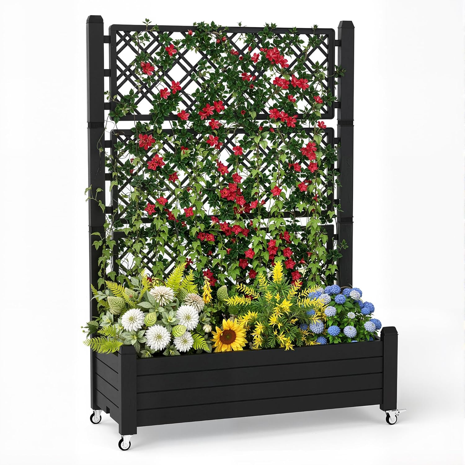Self Watering Planter - トレリス付き上げ床式菜園、21ガロン自動給水プランターボックス、ロック可能な車輪と排水穴付き、つる性植物、野菜、花用、錆びにくい樹脂製、裏庭パティオ用（黒）