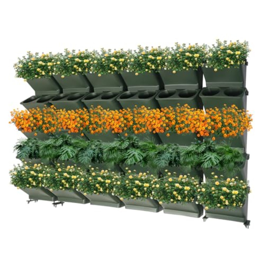 Vertical Planter - バルコニーや庭用の垂直壁掛けプランター、耐久性のある生地製、グレー色、60個の自動給水ポケット付き、積み重ね可能 F