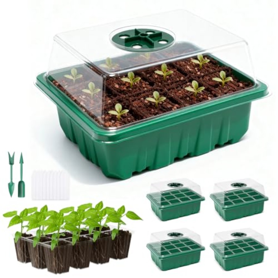 Seed Starter Tray - 5パックの種子スタータートレイ（湿度ドーム付き）、透明な排水穴付きベースの種子スターターキット、屋内温室ミニ繁殖器
