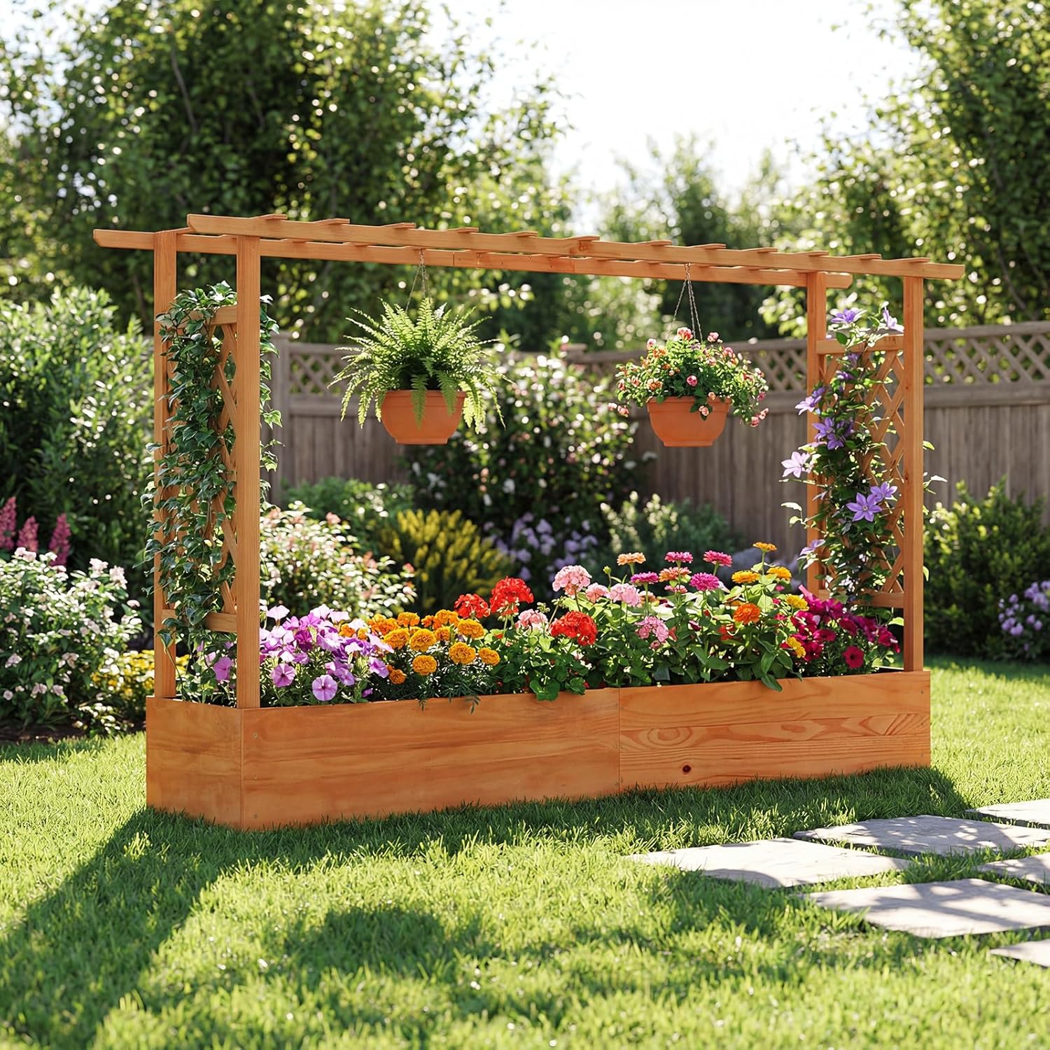 Raised Garden Bed - 屋外パティオ用高床式菜園、プラスチック製、緑色、トレリス付き、吊り下げ式屋根と排水穴付き、つる性植物用