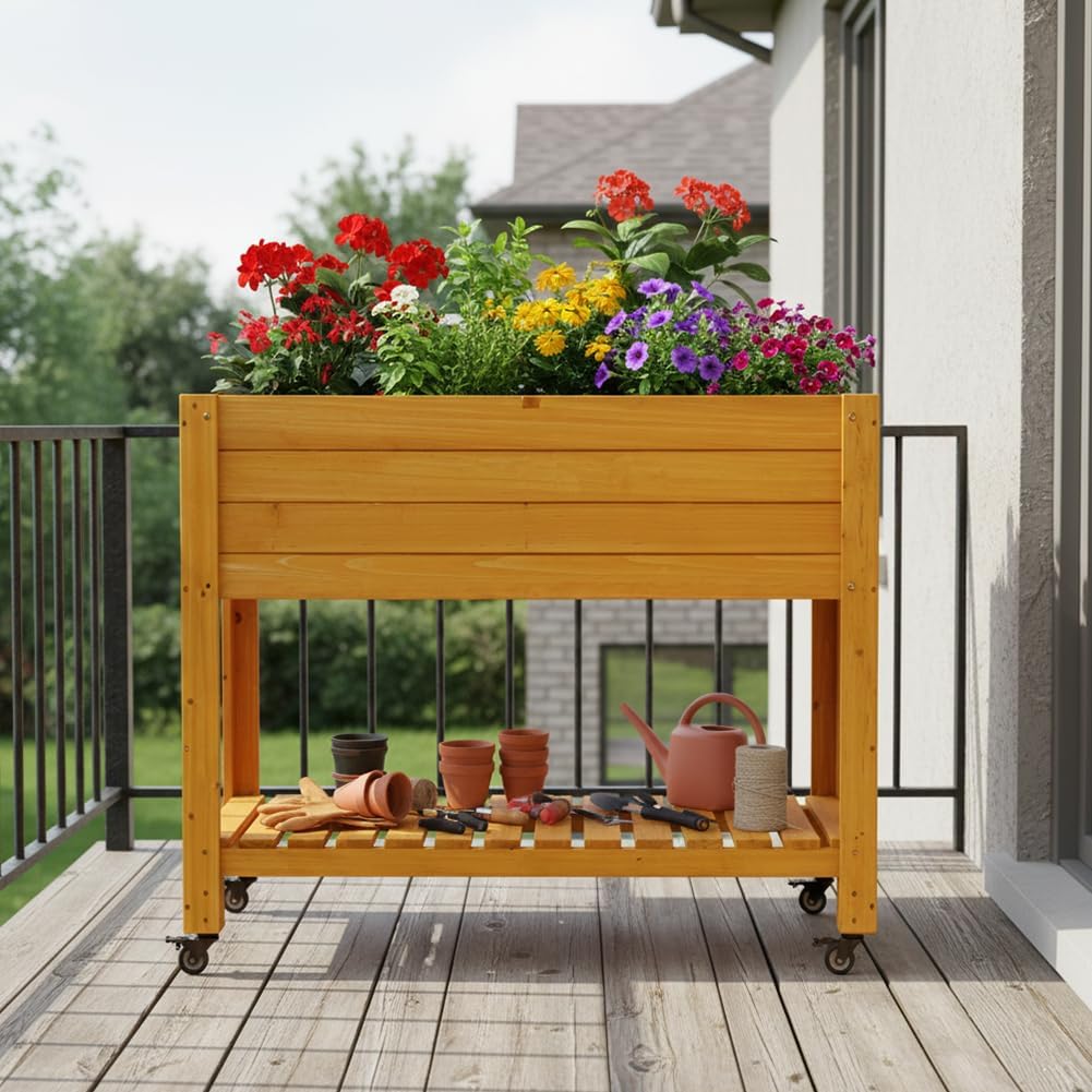 移動式木製高床式菜園、天然木、ホイールとライナー付き、パティ - Raised Garden Bed のレビューと価格