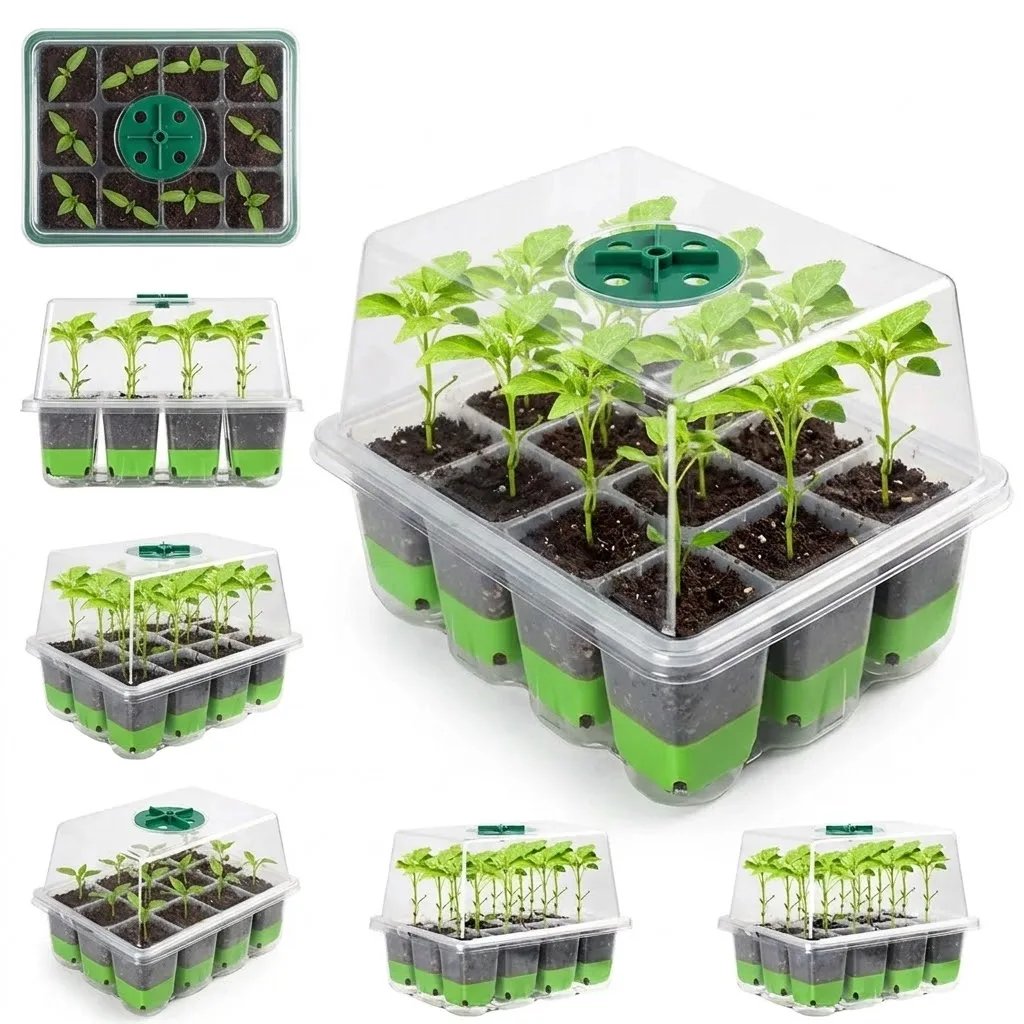 透明カバー付きで湿度調整が可能な、12マスの育苗トレー。室内 - Seed Starter Tray のレビューと価格