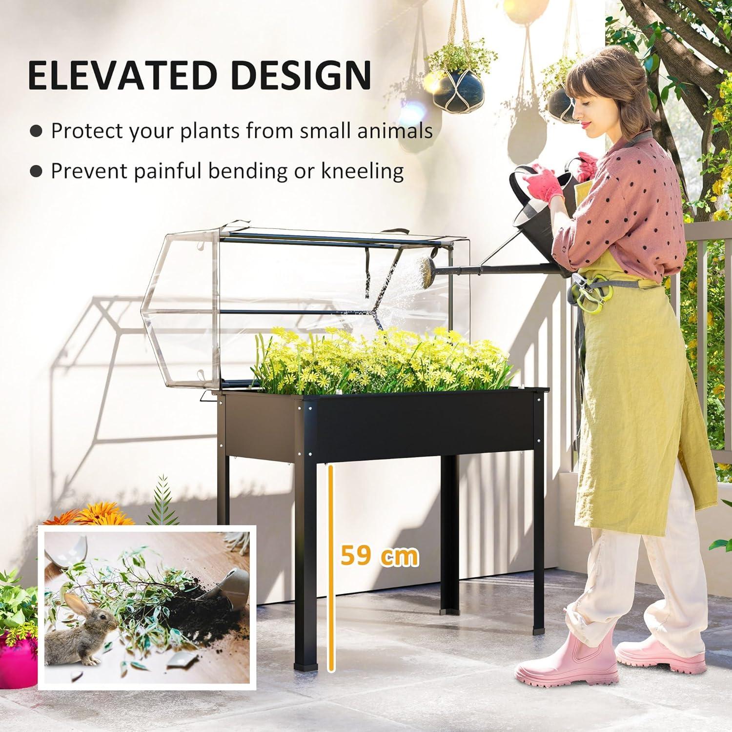 屋外用 - 黒色の高床式菜園、跳ね上げ式温室カバー、脚、排水 - Raised Garden Bed のレビューと価格