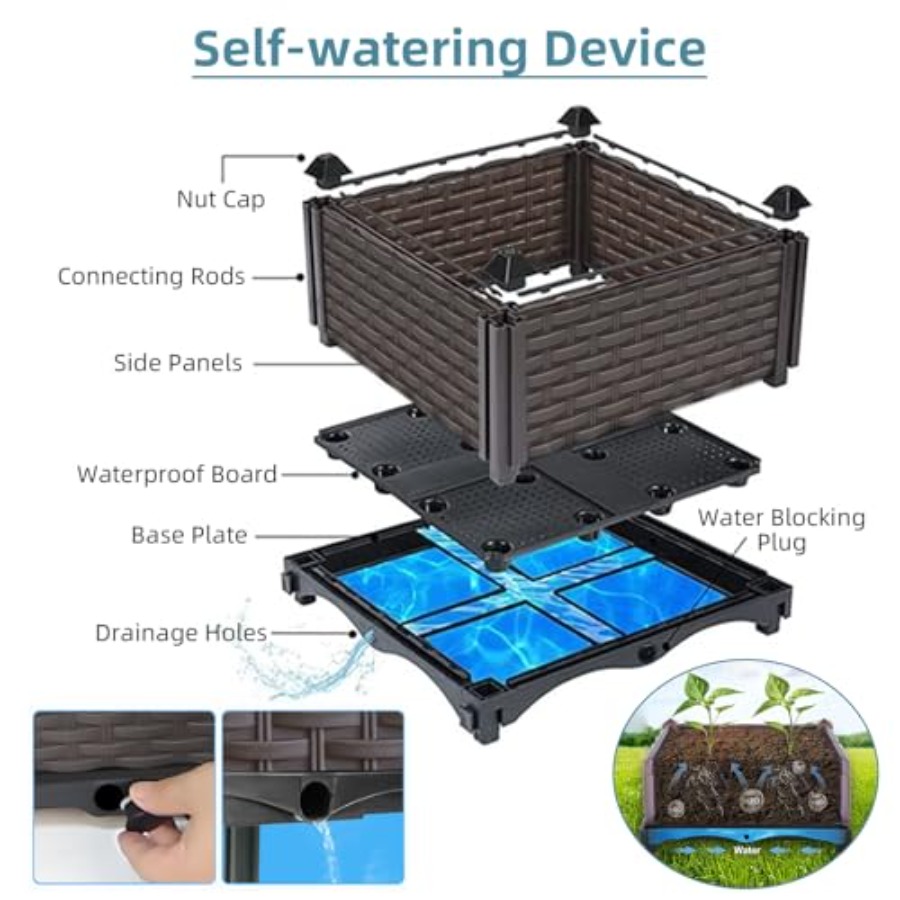 パティオ、バルコニー、デッキ用の屋外自動給水式高床プランター - Self Watering Planter のレビューと価格