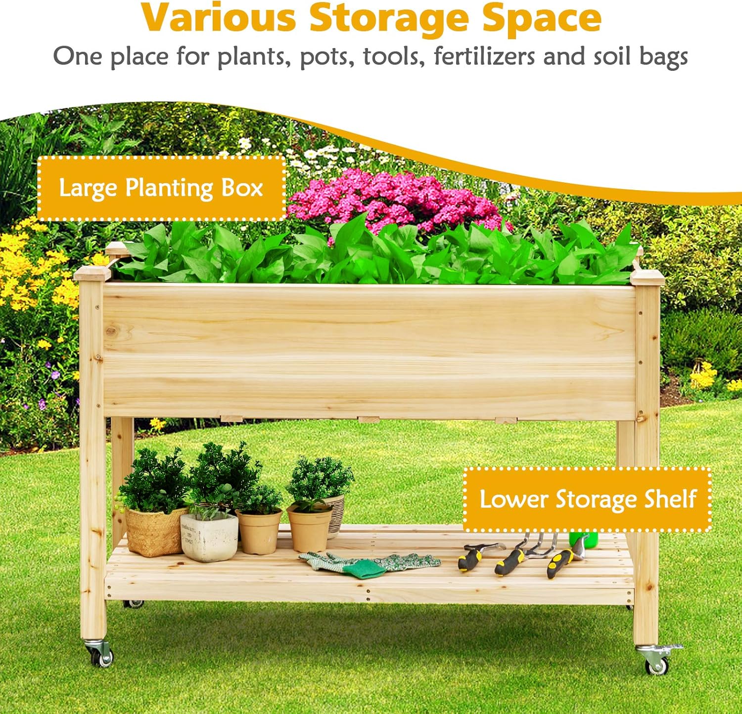 木製の車輪付き高床式菜園（裏庭やパティオ用）、ブラウン、ライ - Raised Garden Bed のレビューと価格