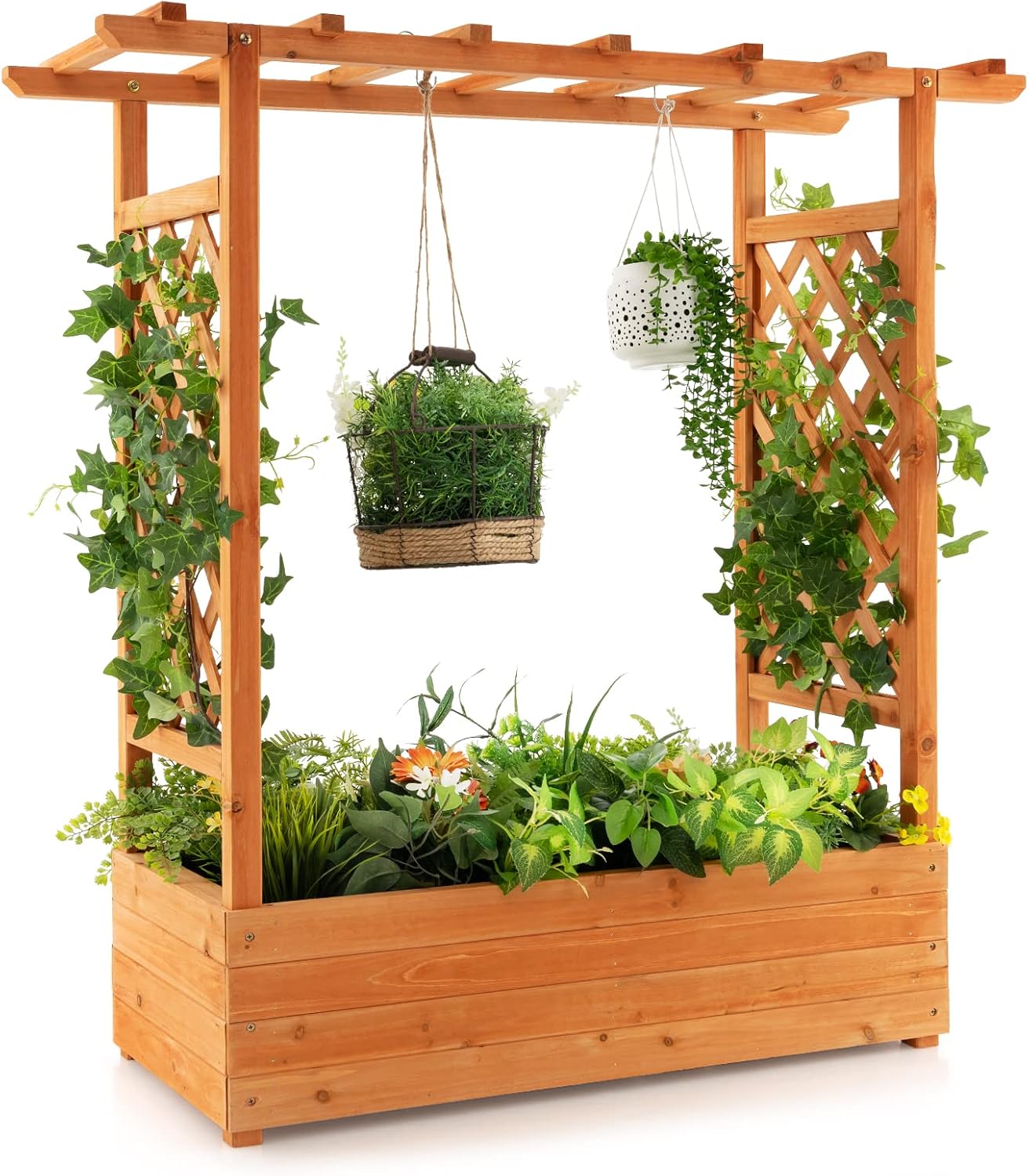 木製の高床式菜園、アーチ型トレリスと吊り下げ式屋根付き、屋外 - Raised Garden Bed のレビューと価格