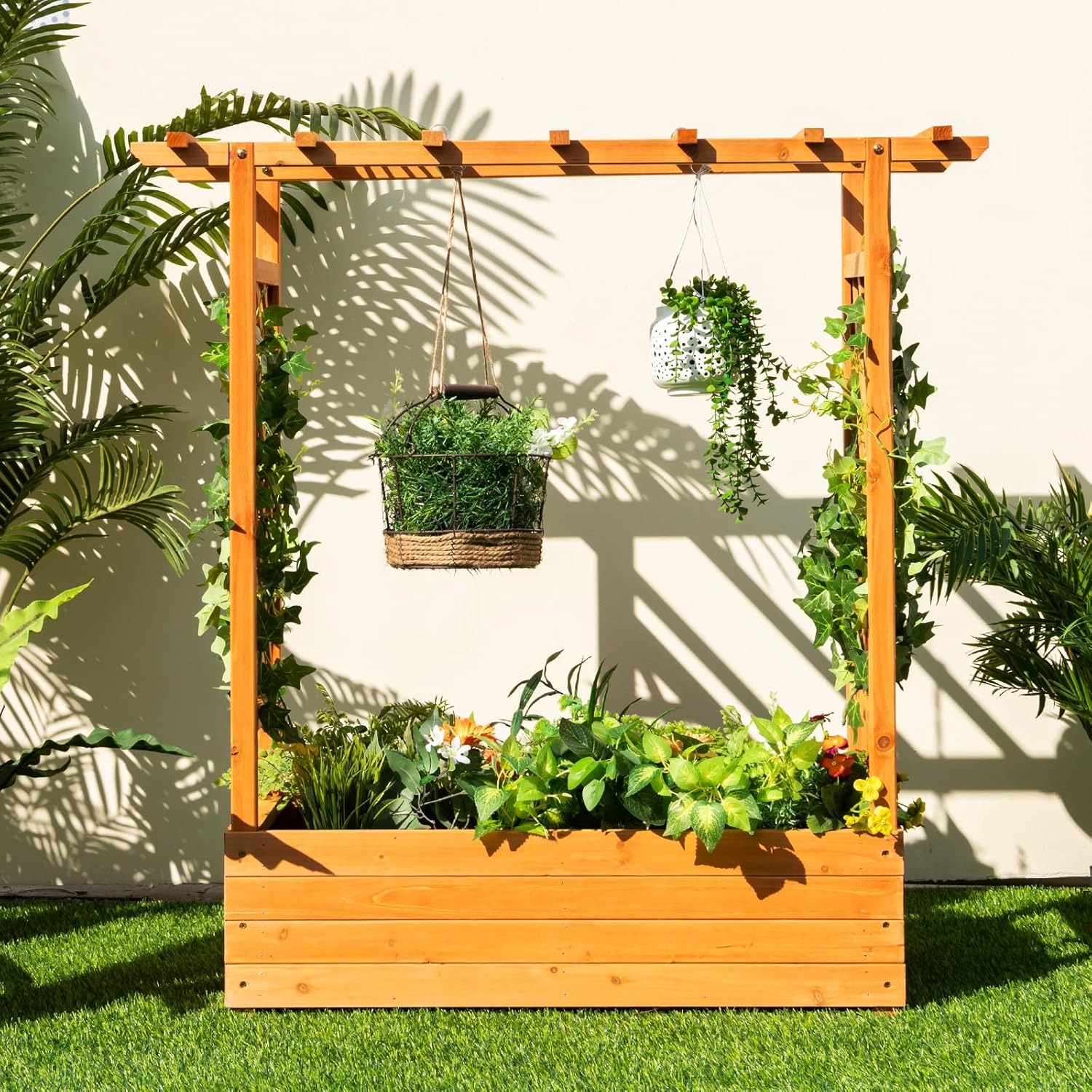 木製の高床式菜園、アーチ型トレリスと吊り下げ式屋根付き、屋外 - Raised Garden Bed のレビューと価格