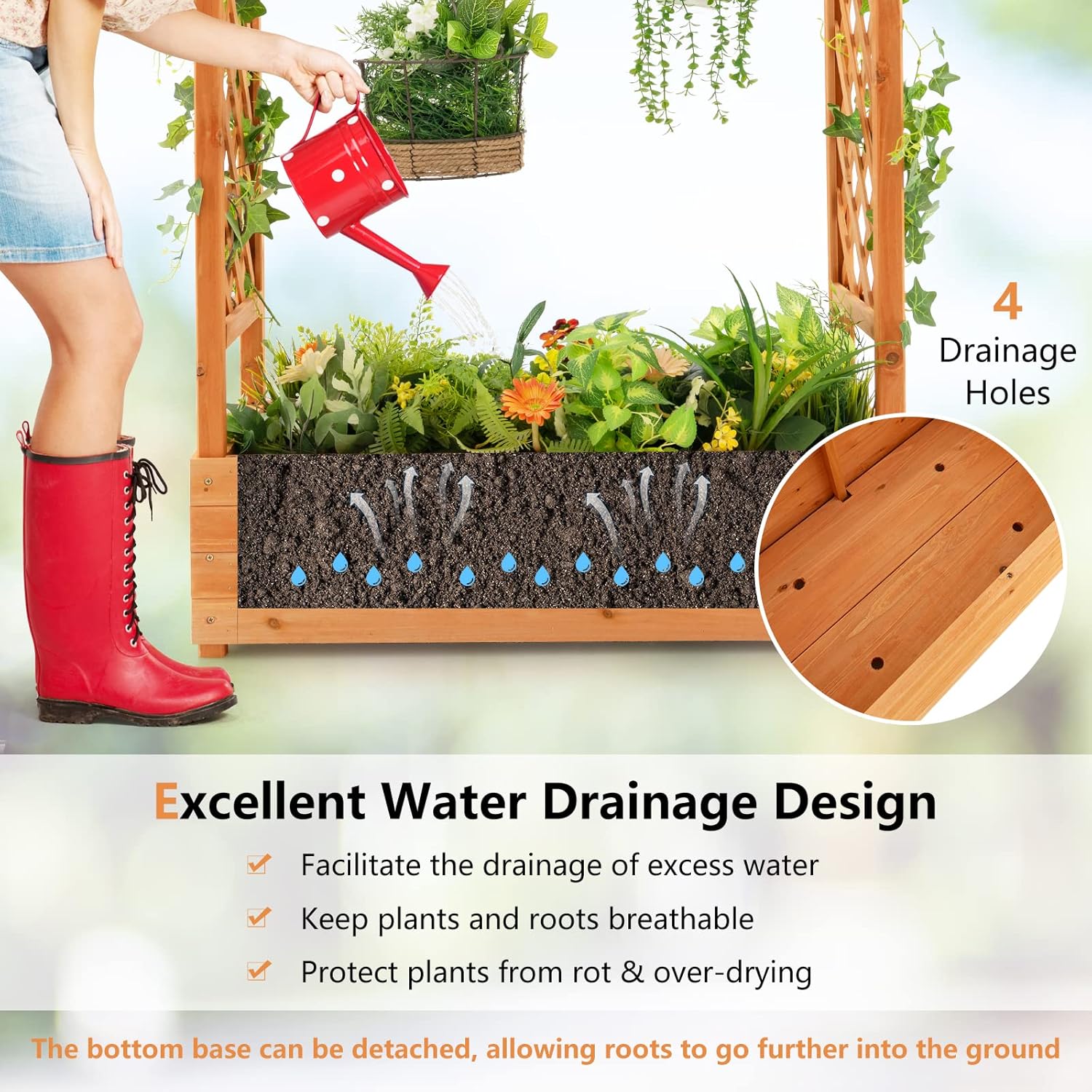 木製の高床式菜園、アーチ型トレリスと吊り下げ式屋根付き、屋外 - Raised Garden Bed のレビューと価格