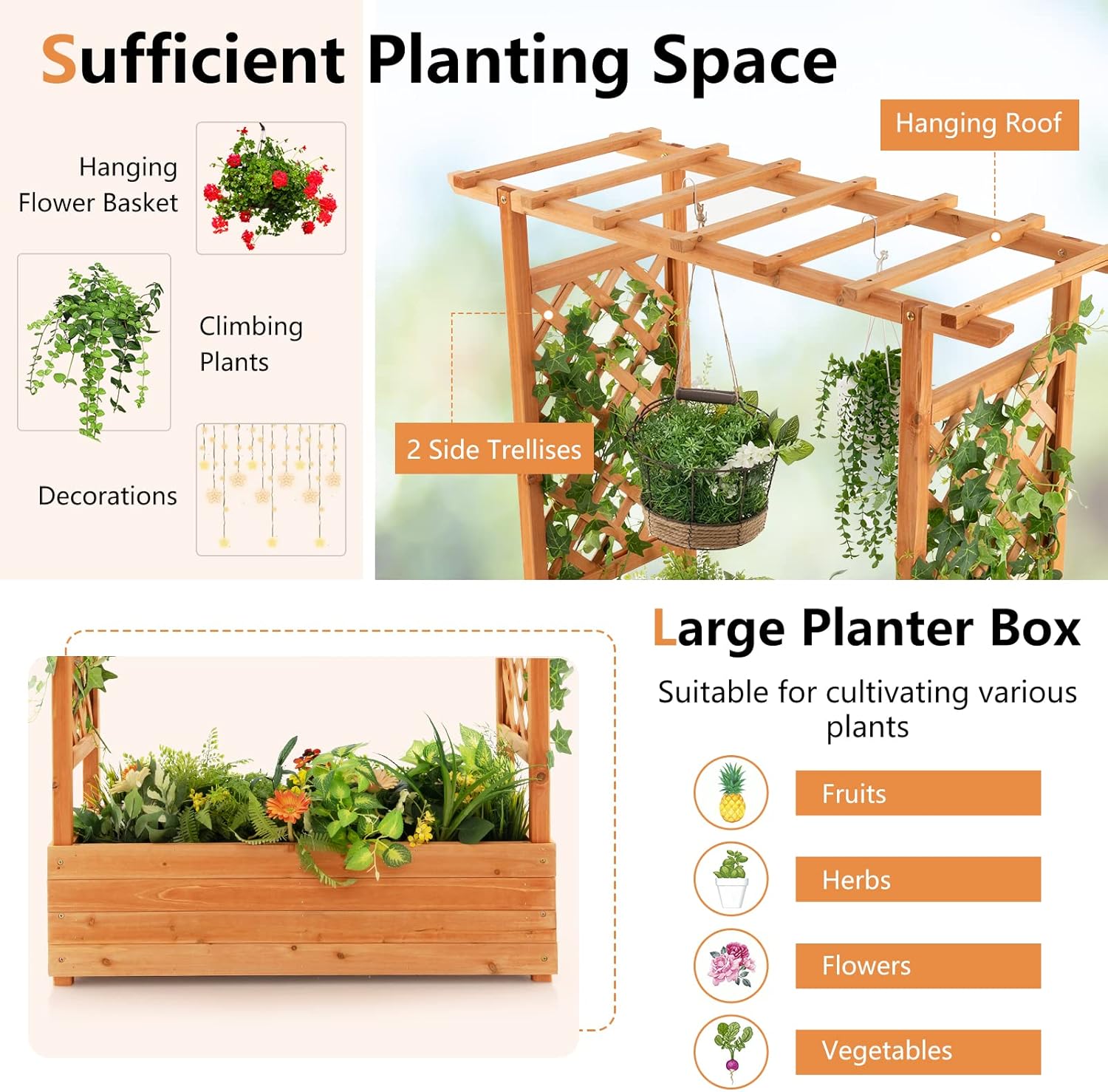 木製の高床式菜園、アーチ型トレリスと吊り下げ式屋根付き、屋外 - Raised Garden Bed のレビューと価格