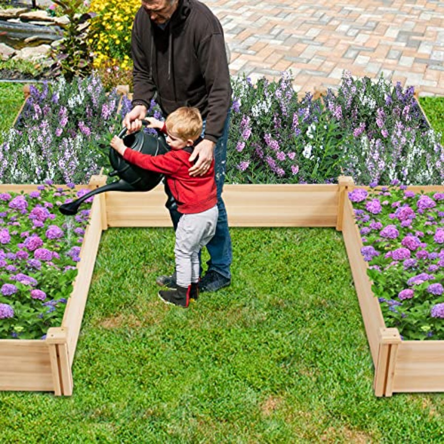 自然な木の色合いの屋外用木製プランターベッドキット：分割可能 - Raised Garden Bed のレビューと価格