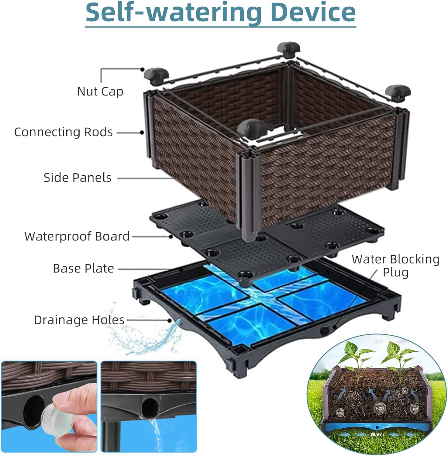 屋外ガーデニング用ラタン製プランター、ナチュラルカラー、自動 - Self Watering Planter のレビューと価格